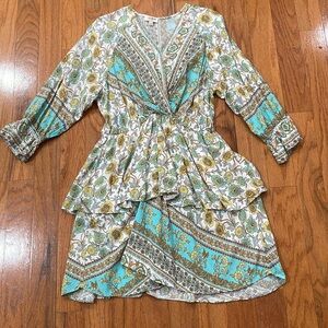 Umgee Women’s Size Large Dress V Neck with Snap Peplum Blue White Print